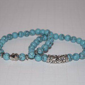 Blue Stone Bead and Stainless Steel Bracelet Pair